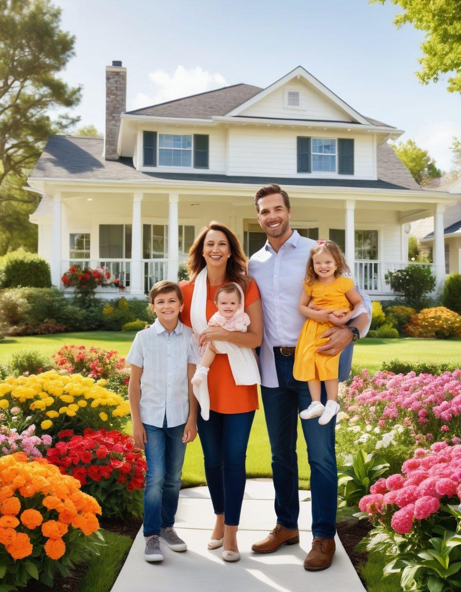 A vibrant scene depicting a cheerful realtor guiding a happy family through a beautifully staged home, showcasing the joy of selling a house. In the background, highlight a sunny outdoor garden with blooming flowers, symbolizing a fresh start. Incorporate warm, inviting colors to evoke positivity and comfort. super-realistic. vibrant colors. white background.