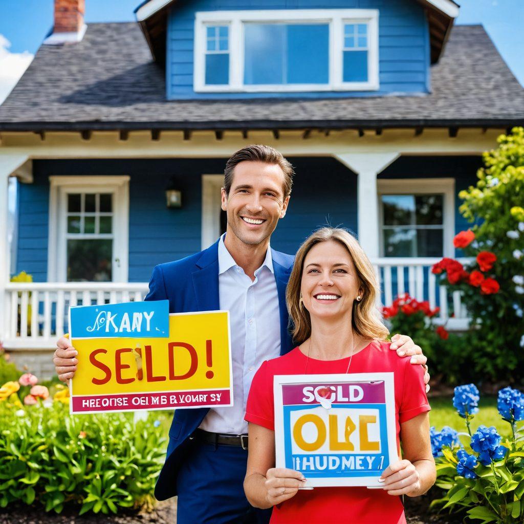 A cheerful real estate agent standing in front of a beautifully staged home, holding a colorful 'Sold' sign while laughing with a happy couple. The background shows a bright blue sky and a colorful garden full of flowers, symbolizing a joyful selling journey. Incorporate vibrant colors and a warm atmosphere to evoke feelings of happiness and success. super-realistic. vibrant colors.