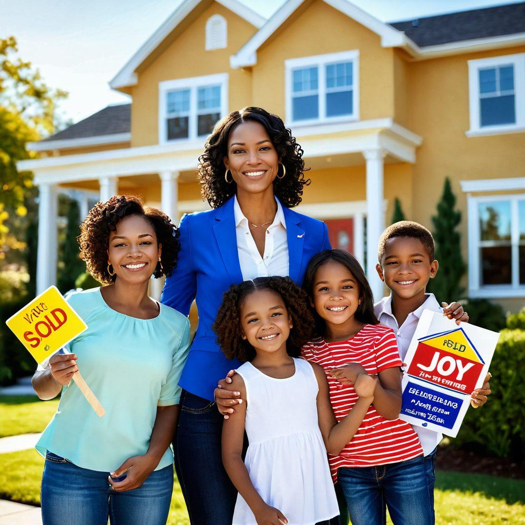 A successful realtor guiding a diverse family through a beautiful home, showcasing joy and satisfaction on their faces, surrounded by sold property signs and a bright sun in the background symbolizing new beginnings. The scene should evoke warmth and trust, emphasizing the transformative journey in real estate. super-realistic. vibrant colors. 3D.